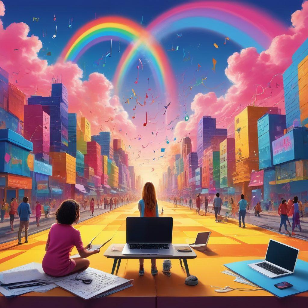 A vibrant depiction of a colorful world filled with musical notes flowing from various digital devices, showcasing Limewire's P2P sharing concept. Include cheerful characters exchanging audio files in a lively urban setting, with elements of technology and creativity interwoven. Envelop the scene in bright colors that evoke joy and excitement. The background should feature artistic representations of sound waves radiating like a rainbow. inspiration from modern pop art.