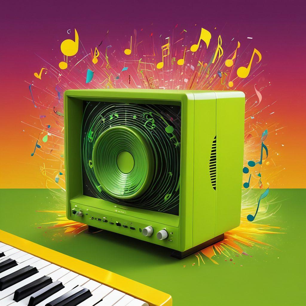 A vibrant collage showcasing a retro-styled computer screen displaying Limewire's interface, surrounded by colorful musical notes and playful media icons. Include joyful musicians sharing files and celebrating together, with bright lime green and cheerful yellow hues radiating energy. Set against a dynamic, abstract background symbolizing the journey of music discovery. super-realistic. vibrant colors. digital art.