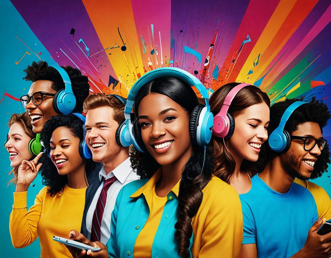 A vibrant digital collage depicting a group of diverse people joyfully sharing music through their devices, with colorful sound waves emanating around them. Include elements symbolizing nostalgia, like classic music icons and retro headphones, blending with modern technology. The background should be bright and lively to convey a sense of fun and community. super-realistic. vibrant colors. white background.